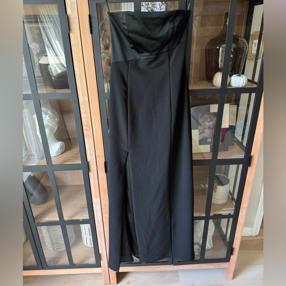 White Fox strapless maxi dress slit black tie formal silky satin asymmetrical